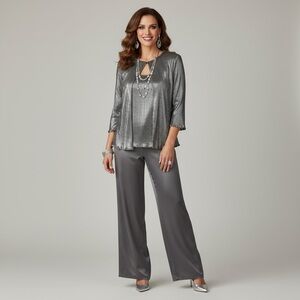 Silver beaded neckline jacket and top set